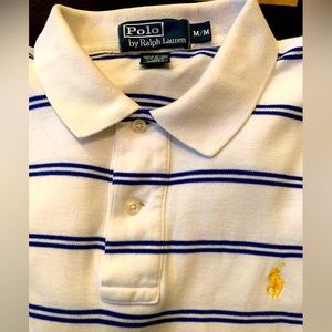 Ralph Lauren Iconic Polo Shirt  White Navy Striped Yellow Gold Pony SoftCotton M